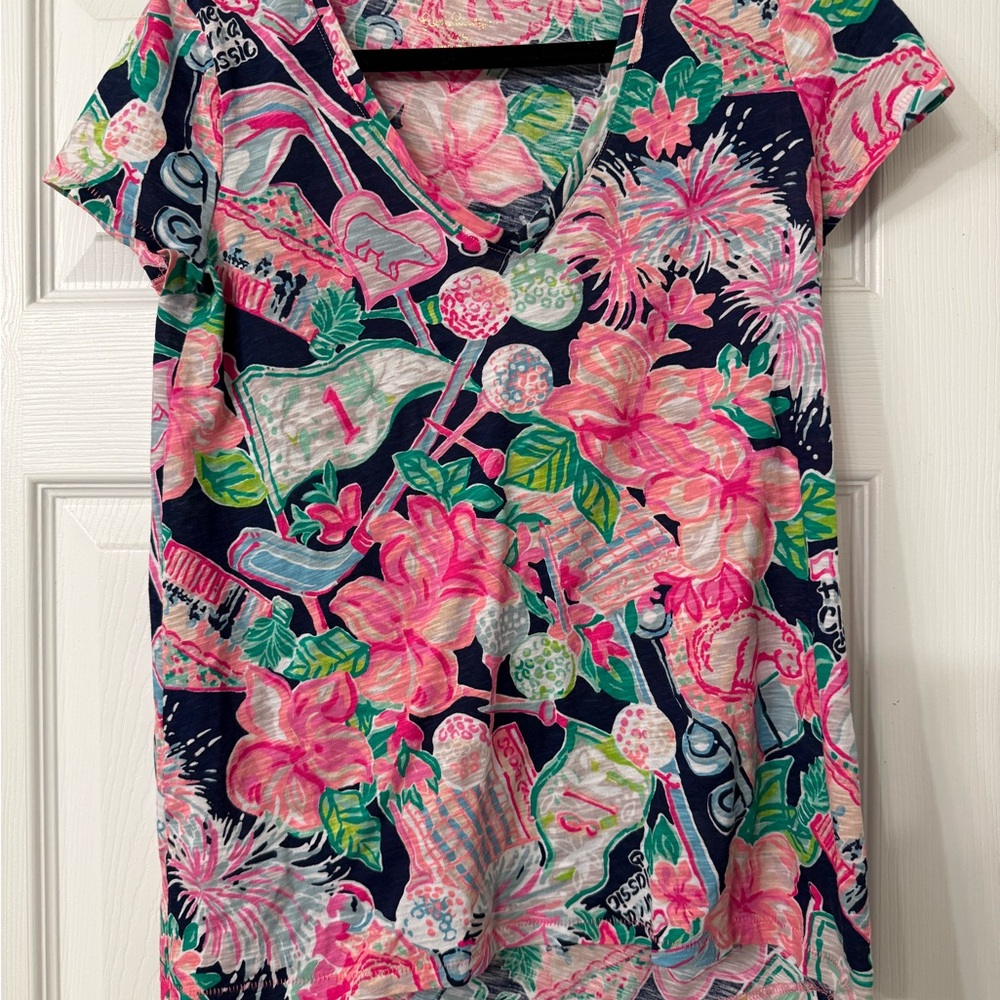 Lilly Pulitzer Etta V-Neck top in the High Tide Navy "Honda Classic"